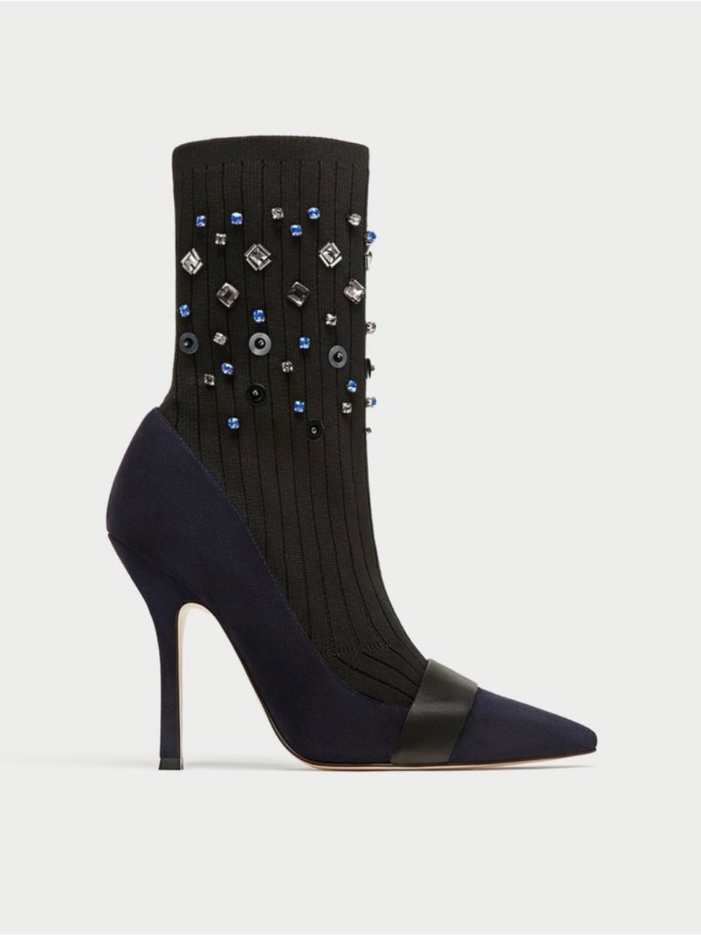 Zara Black Ribbed Sock Pump with Navy Pointed Toe & Embellishments